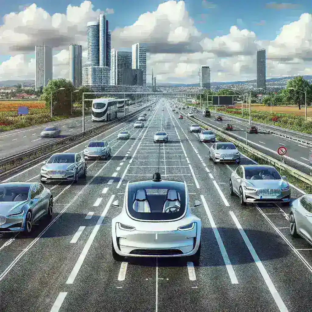 "Autonomous electric car navigating a highway during testing phase, showcasing advanced technology and innovation in the automotive industry."